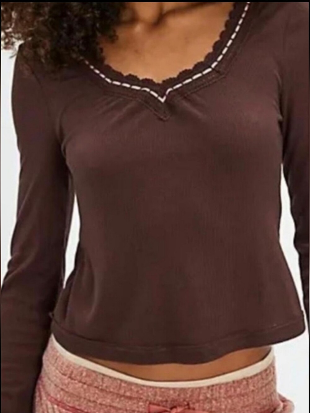 Free People NWOT Only You Top sz SML, MED & LRG in Brown with Pink Ribbon Trim